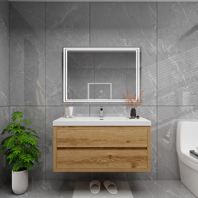 Brixton Yellow Wood 42" Floating Bathroom Single Vanity with Reinforced Acrylic Sink in Oak
