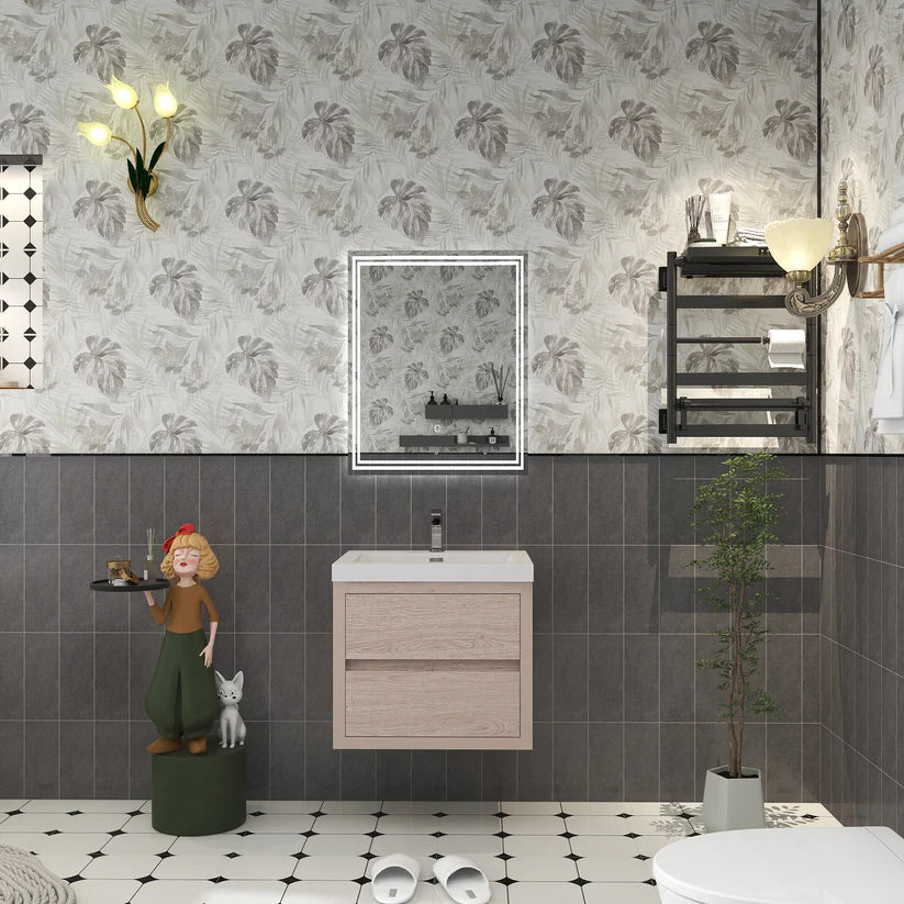 Brixton Pink Wood 24" Floating Bathroom Single Vanity with Reinforced Acrylic Sink in Oak