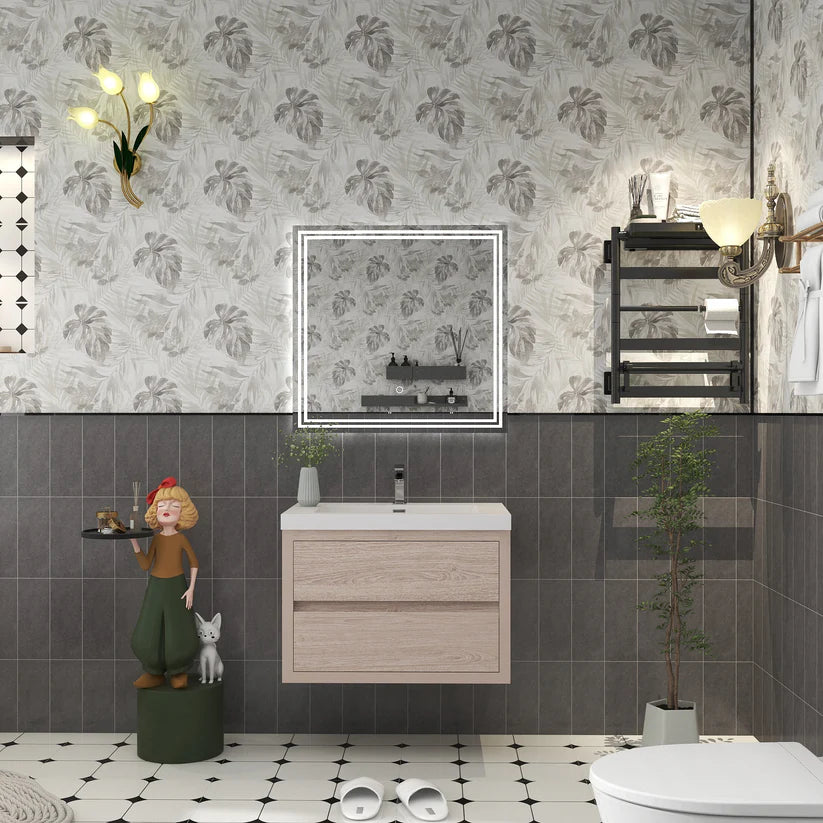 Brixton Pink Wood 30" Floating Bathroom Single Vanity with Reinforced Acrylic Sink in Oak