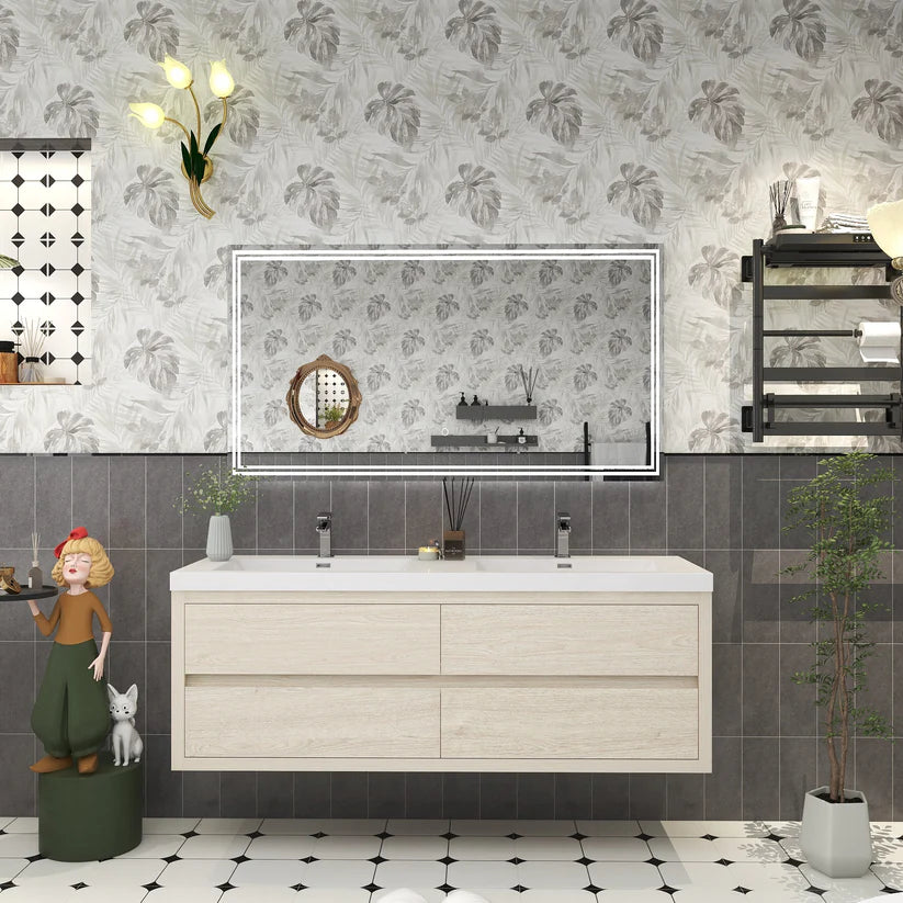 Brixton Light Wood 60" Floating Bathroom Double Vanity with Reinforced Acrylic Sink in Oak