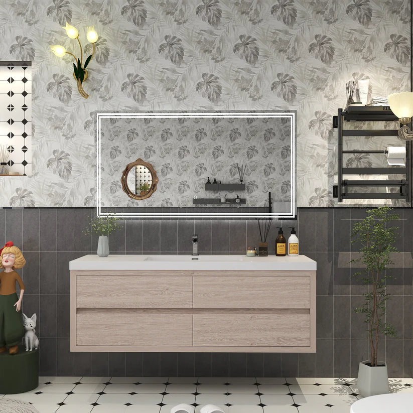 Brixton Pink Wood 60" Floating Bathroom Single Vanity with Reinforced Acrylic Sink in Oak
