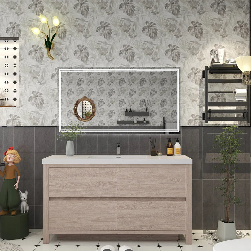 Brixton Pink Wood 60" Freestanding Bathroom Single Vanity with Reinforced Acrylic Sink in Oak