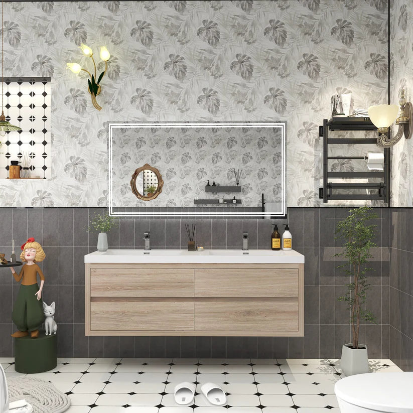 Brixton White Oak 60" Floating Bathroom Double Vanity with Reinforced Acrylic Sink in Oak
