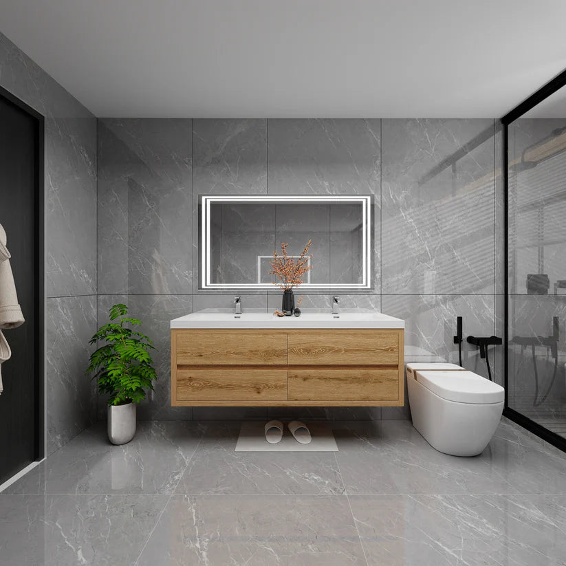 Brixton Yellow Wood 60" Floating Bathroom Double Vanity with Reinforced Acrylic Sink in Oak