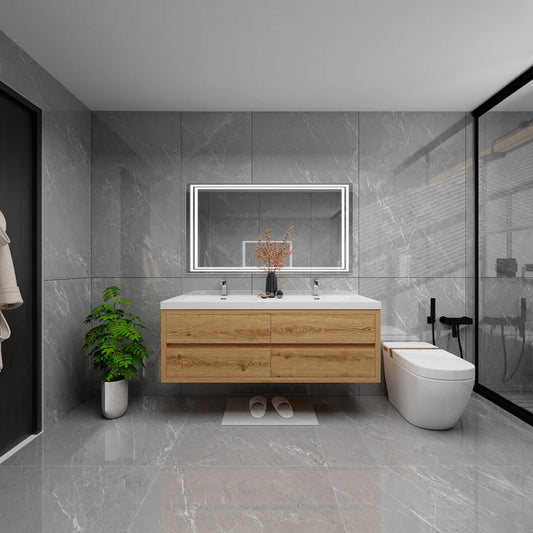 Brixton Yellow Wood 60" Floating Bathroom Double Vanity with Reinforced Acrylic Sink in Oak