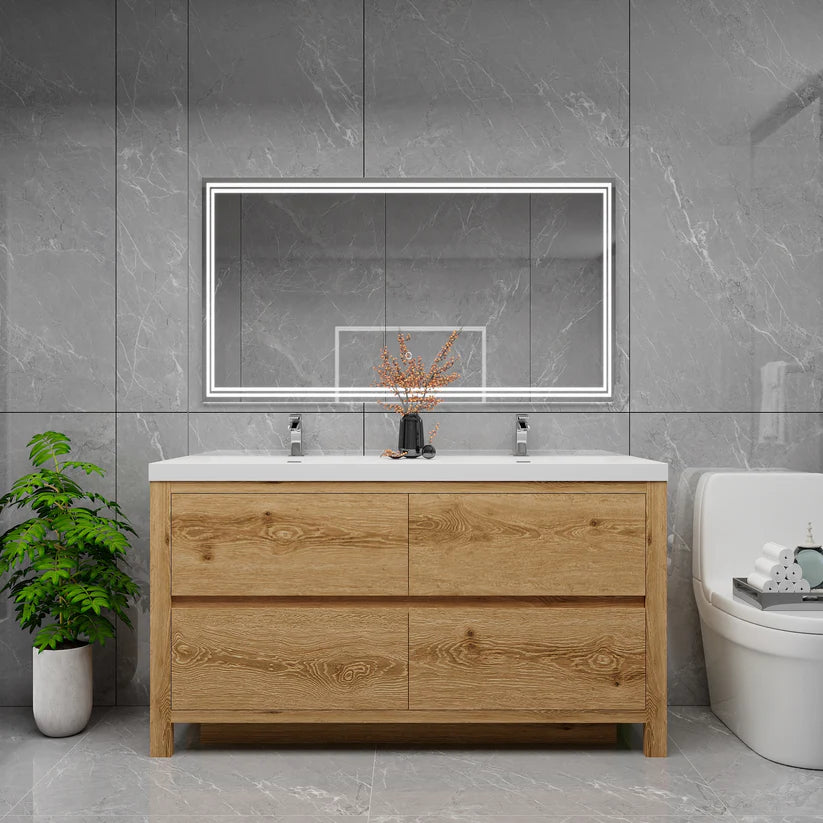 Brixton Yellow Wood 60" Freestanding Bathroom Double Vanity with Reinforced Acrylic Sink in Oak