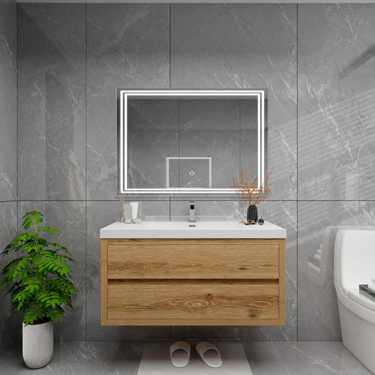 Brixton Yellow Wood 42" Floating Bathroom Single Vanity with Reinforced Acrylic Sink in Oak