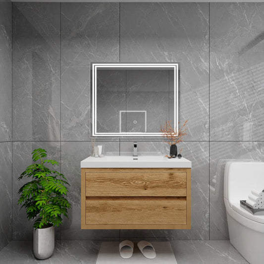Brixton Yellow Wood 36" Floating Bathroom Single Vanity with Reinforced Acrylic Sink in Oak