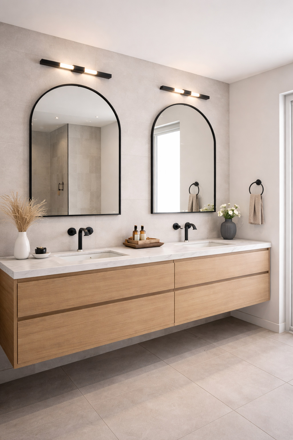 Bathroom with double vanity, mirrors, and decorative elements.