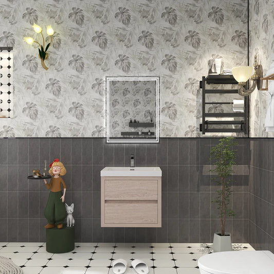 Brixton Pink Wood 24" Floating Bathroom Single Vanity with Reinforced Acrylic Sink in Oak