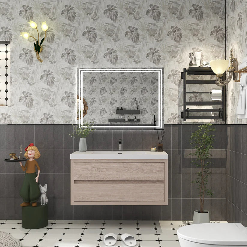 Brixton Pink Wood 42" Floating Bathroom Single Vanity with Reinforced Acrylic Sink in Oak