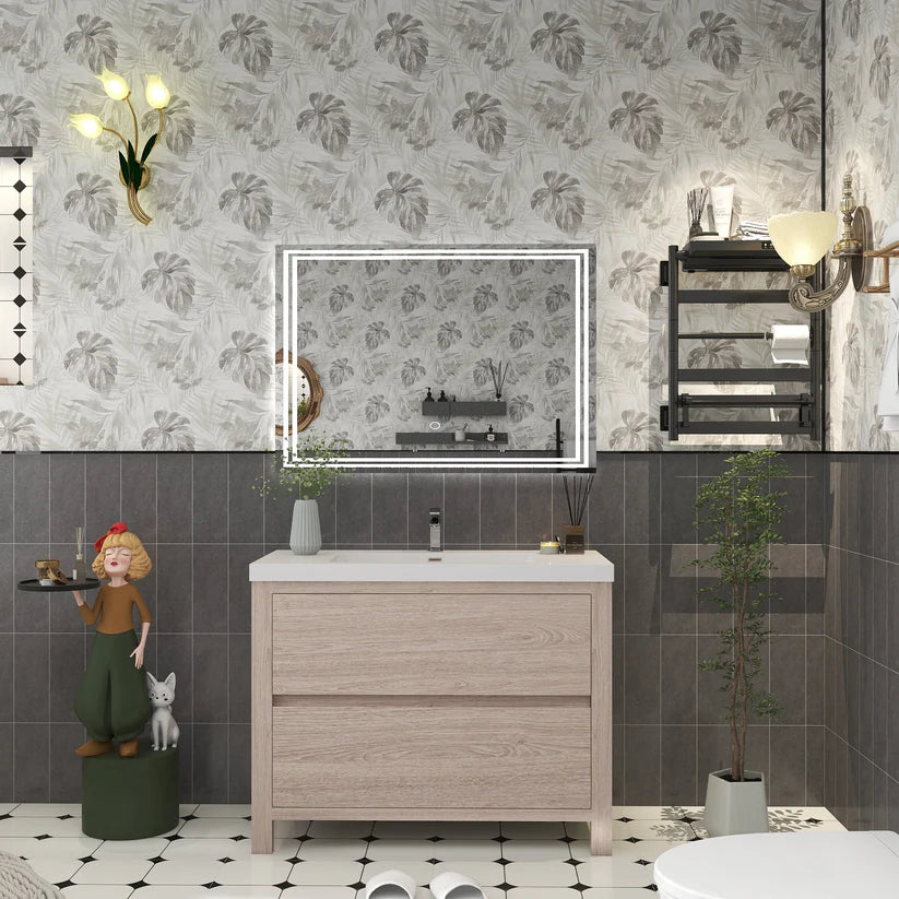 Brixton Pink Wood 42" Freestanding Bathroom Single Vanity with Reinforced Acrylic Sink in Oak