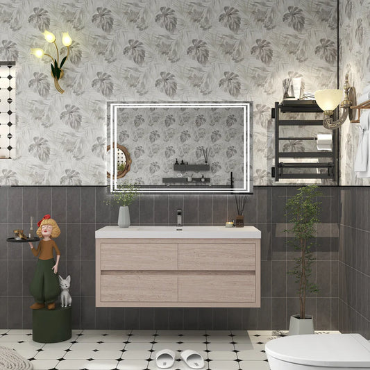 Brixton Pink Wood 48" Floating Bathroom Single Vanity with Reinforced Acrylic Sink in Oak