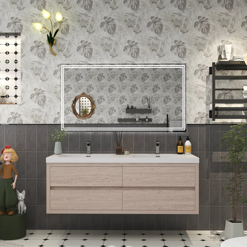 Brixton Pink Wood 60" Floating Bathroom Double Vanity with Reinforced Acrylic Sink in Oak