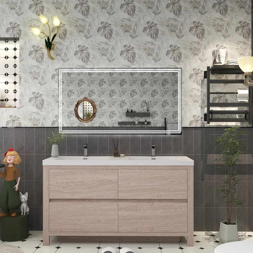 Brixton Pink Wood 60" Freestanding Bathroom Double Vanity with Reinforced Acrylic Sink in Oak