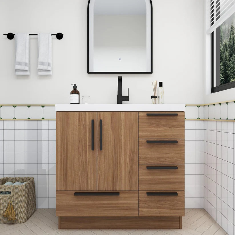 Nova Brown 36" Right Side Drawers Freestanding Bathroom Single Vanity with Sink