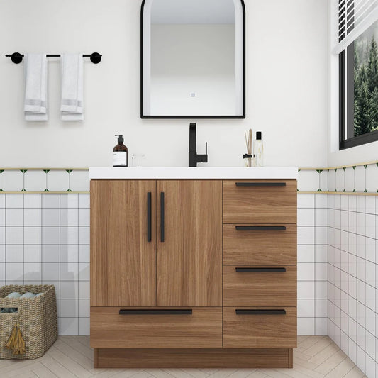 Nova Brown 36" Right Side Drawers Freestanding Bathroom Single Vanity with Sink