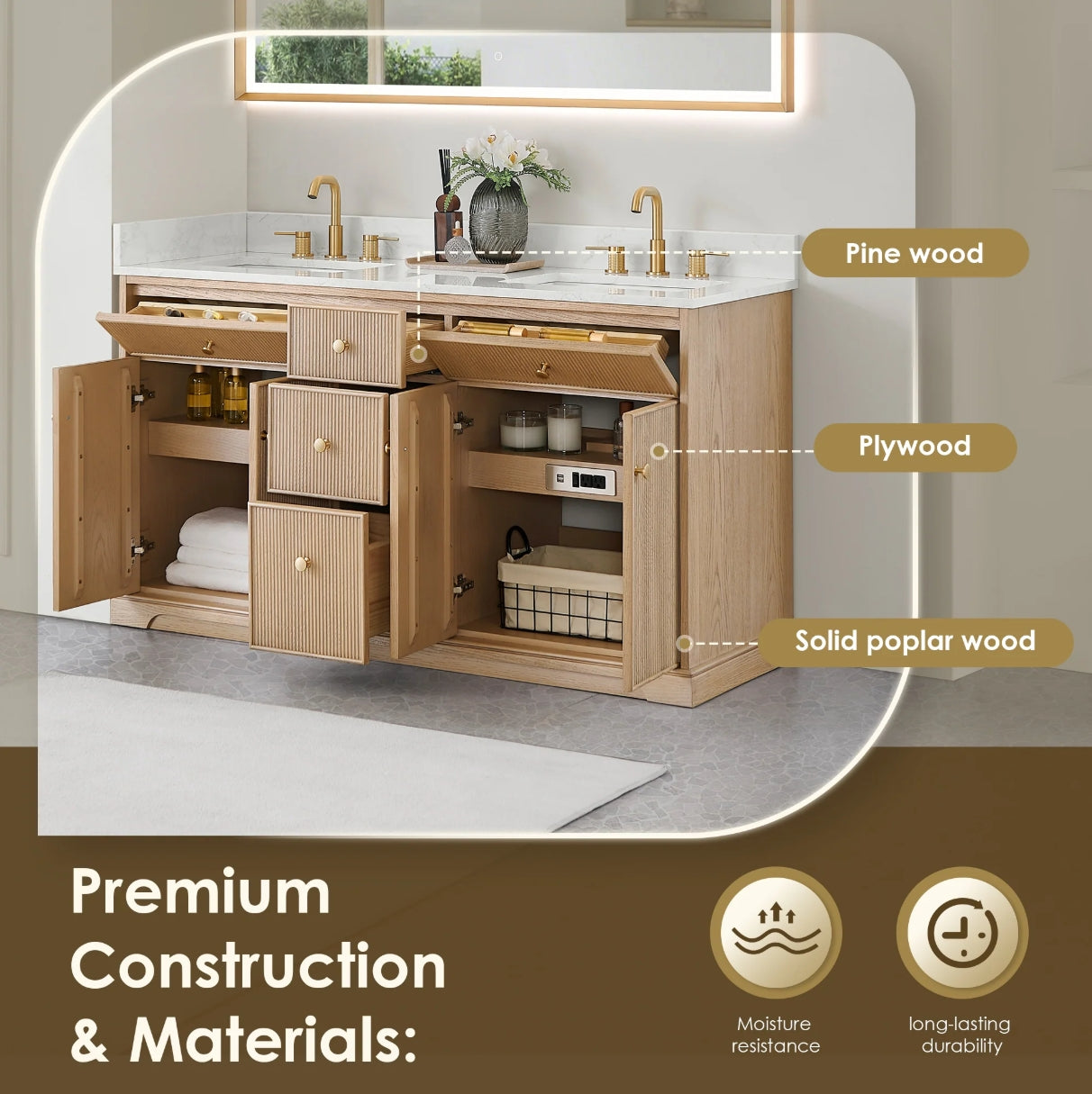 Oakmont Series 60" Natural Oak Double Bathroom Vanity
